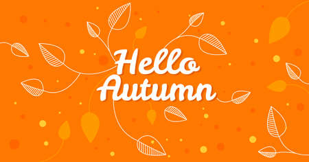 Hello autumn banner or social media post design. Background for social media autumn design vector. Horizontal post template. Vector illustration. falling leafs orange design.のイラスト素材