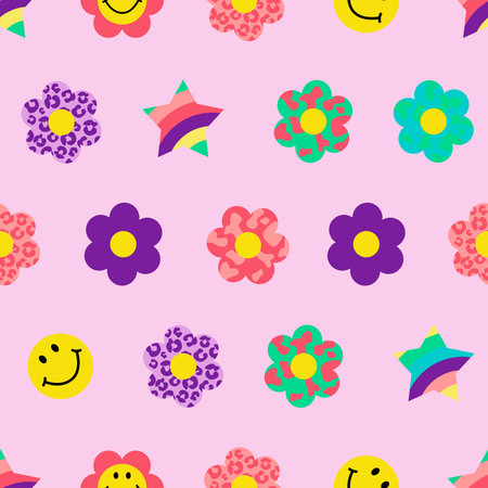 Cool groovy flower seamless pattern Y2k Style. Trendy funky background, poster, stickers. Vector illustration.のイラスト素材