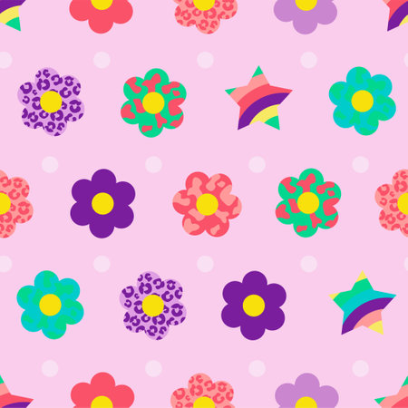 Cool groovy flower seamless pattern Y2k Style. Trendy funky background, poster, stickers. Vector illustration.のイラスト素材
