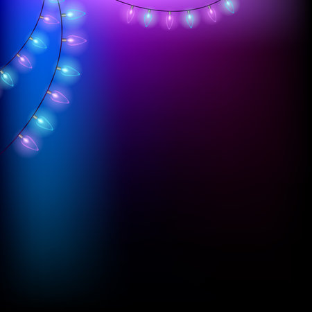 Blue and violet Christmas background with lights. Background for post with a place for text. Vector illustrationのイラスト素材