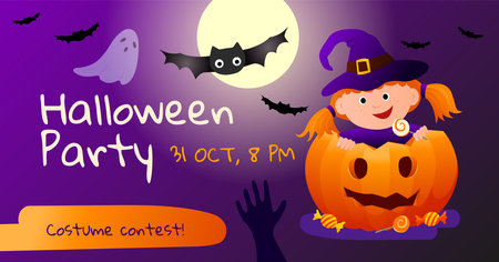 Halloween party invitation banner design. Banner for social media post, flyer or poster. Cute girl in a witch costume with a pumpkin and bats on dark violet background. Spooky vector illustration.のイラスト素材