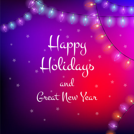 Christmas and New Year greetings post for social media. Holiday greetings on vibrant colorful background with lights. Vector illustration.のイラスト素材