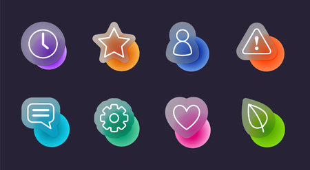 Basic icons set in glassmorphic style. Transparent blur glass effect icons. Vector illustrationのイラスト素材