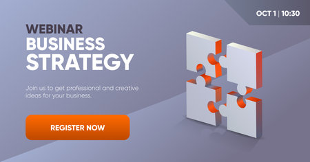 Business strategy webinar social media post template with a 3d puzzle illustration. Background and illustration for social media, banner design in vector.のイラスト素材