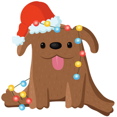 Cute dog with Christmas decoration in a Santa hat. Vector illustration for greeting card, sticker to poster.のイラスト素材