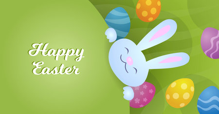 Happy Easter greetings card with Easter bunny and Easter eggs. Vector illustration in cartoon style for poster, banner, social media post, invitation.のイラスト素材