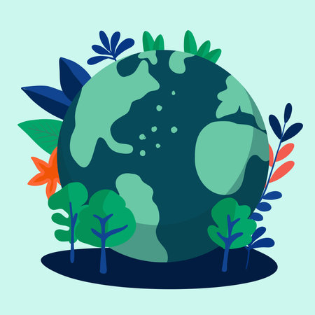 World environment day. Sustainable world. Sustainable lifestyle and climate change problem concept. Earth globe with leaves, trees and flowers. Concept design for banner, poster, greeting card.のイラスト素材