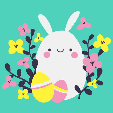 Cute Easter bunny with Easter eggs and flowers vector illustration for poster, social banner or greetings card. Happy Easter celebration.のイラスト素材
