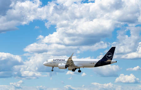 Barcelona, Spain; May 18, 2019: Airbus A320 aircraft of the Lufthansa company, landing at the Josep...