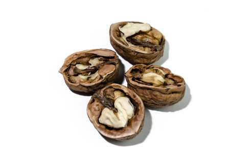 Open walnuts isolated on whiteの写真素材