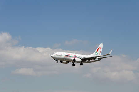 Barcelona, Spain; April 27, 2019: Boeing 737-700 plane of the Royal Air Maroc airline, landing at the Josep Tarradellas airport in Barcelona-El Pratのeditorial素材
