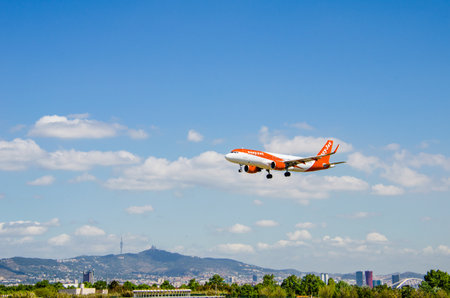 Barcelona, Spain; April 27, 2019: Airbus A319 airplane of the airline easyJet Europe, landing at Josep Tarradellas airport in Barcelona-El Pratのeditorial素材