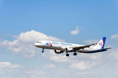 Barcelona, Spain; April 27, 2019: Airbus A321 plane of the Ural Airlines, landing at the Josep Tarradellas airport in Barcelona-El Pratのeditorial素材