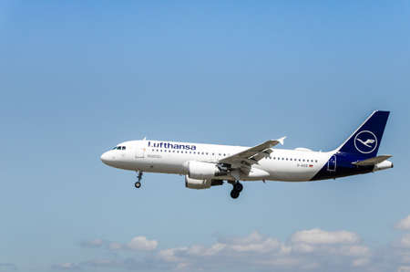 Barcelona, Spain; April 27, 2019: Lufthansa airline Airbus A320 plane landing at Josep Tarradellas Barcelona-El Prat airportのeditorial素材