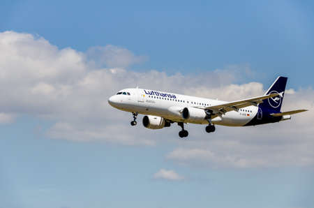 Barcelona, Spain; April 27, 2019: Lufthansa airline Airbus A320 plane landing at Josep Tarradellas Barcelona-El Prat airportのeditorial素材