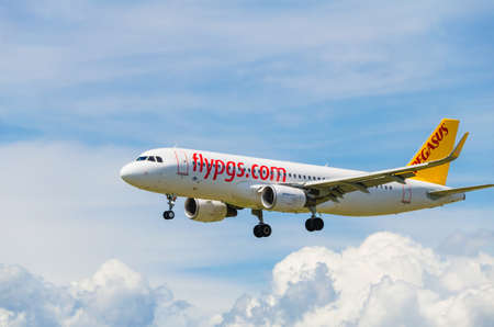 Barcelona, Spain; May 18, 2019: Airbus A320 airplane of the Pegasus company, landing at the Josep Tarradellas Airport in Barcelona-El Pratのeditorial素材