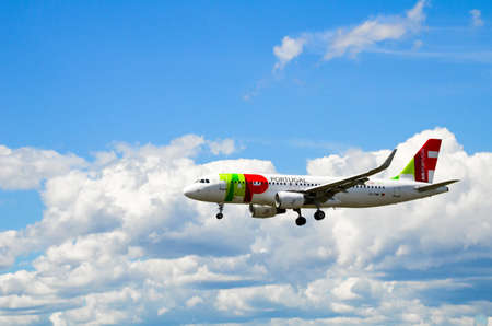 Barcelona, Spain; May 18, 2019: Airbus A320 airplane of the Tap Air Portugal company, landing at the...