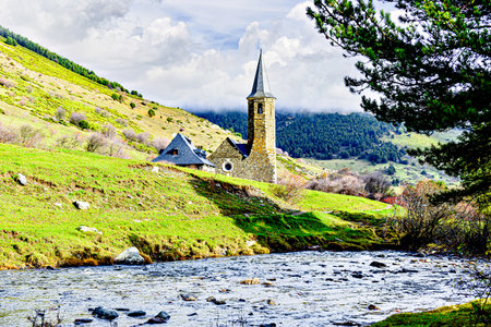 Montgarri Sanctuary, located in the municipality of Alto Aran in the Lerida Pyrenees, Catalonia, Spainの写真素材