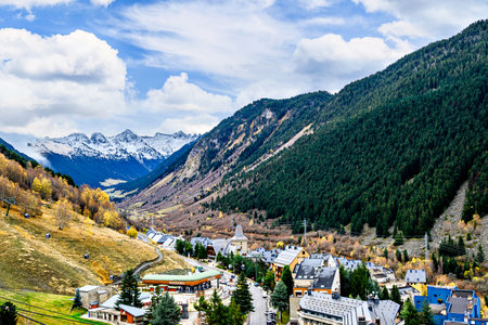 Mountains and ski resort Baqueira Beret in the municipality of Alto Aran, Aran Valley, Lerida. Snow in the Pyreneesの写真素材