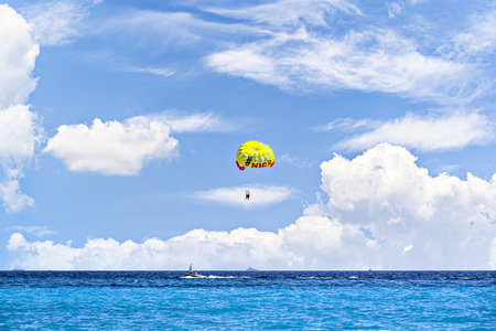 Parasailing on the beach in Nice, French Riviera, Cote d'Azur, Franceの写真素材