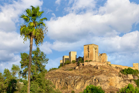 Views from the Parque de la Retama of the castle of AlcalÃ¡ de Guadaira in Seville, in blue sky and white cloudsの写真素材