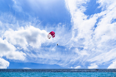Parasailing on the beach in Nice, French Riviera, Cote d'Azur, Franceの写真素材