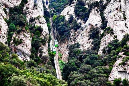 Funicular of Saint Joan de Montserrat, transport to access the Monastery of Santa Maria de Montserrat, abbey located on the mountain of Montserrat, in Bages, province of Barcelona,の写真素材