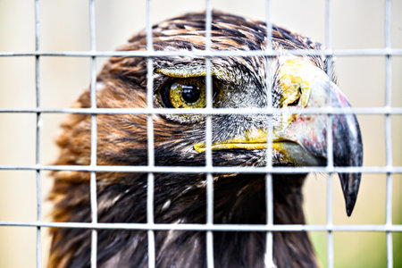 Selective focus of a captive eagle behind bars