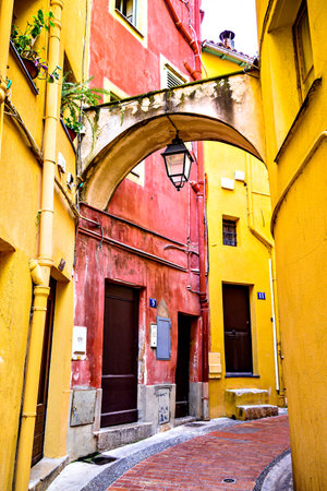 Colorful streets of the historic center of the city of Menton on the French Riviera, Cote d'Azur, Franceの写真素材