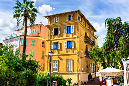 Colorful streets of the historic center of the city of Menton on the French Riviera, Cote d'Azur, Franceの写真素材