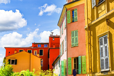 Colorful streets of the historic center of the city of Menton on the French Riviera, Cote d'Azur, Franceの写真素材