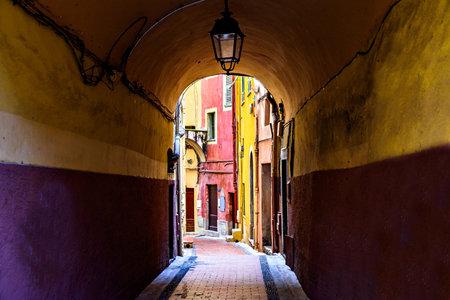 Colorful streets of the historic center of the city of Menton on the French Riviera, Cote d'Azur, Franceの写真素材