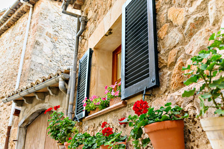 Beautiful views of a street in the picturesque and famous town of Valldemosa, Mallorca, Balearic Islands, Spainの写真素材