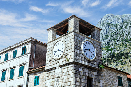 View of the Clock Tower of the old town of Kotor, Montenegroの写真素材