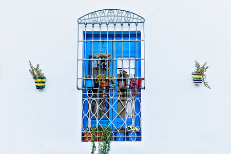 Typical white houses with blue windows and doors in the beautiful town of Nijar, Almeria, Andalusiaの写真素材