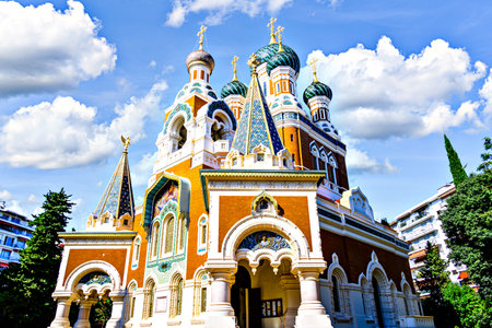 Saint Nicholas Cathedral, Russian Orthodox church, neo-Russian style located in Nice, Franceの写真素材
