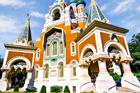 Saint Nicholas Cathedral, Russian Orthodox church, neo-Russian style located in Nice, Franceの写真素材