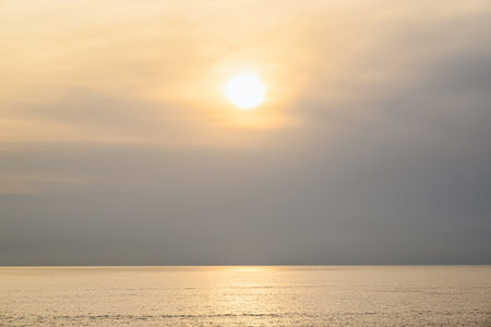 Beautiful sunset with orange sky on the beach of Menorca, Balearic Islands. Sunset, natureの写真素材