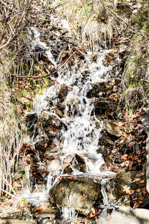 Waterfall, small water source on the slope of Lake Saint Maurice, in the Aigues Tortes National Park, Lleidaの写真素材