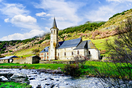 Montgarri Sanctuary, located in the municipality of Alto Aran in the Lerida Pyrenees, Catalonia, Spainの写真素材