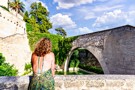 Blonde woman with curly hair looking at the swan pond of the Huerto del Rey, at the foot of the Royal Palace of Almudaina or AlcÃ¡zar Real, Mallorca, Balearic Islandsの写真素材