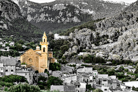 Beautiful views of the famous and picturesque town of Valldemosa Mallorca Balearic Islands Spain. Selective black and white effectの写真素材