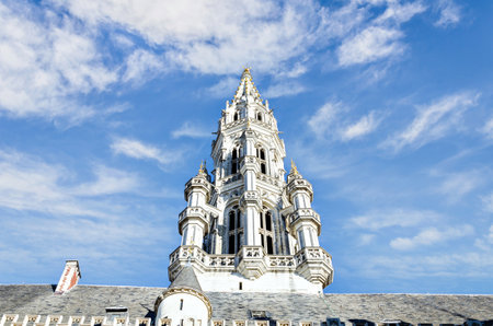 The Grand Place (Grote Mark in Flemish), tower of the City Hall, Brussels, Belgium