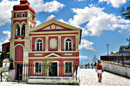 Beautiful views of the Panagia Mandrakina Orthodox Church. Also dedicated to the Virgin Mary and Agios Panteleimonas. Corfu, Greeceの写真素材