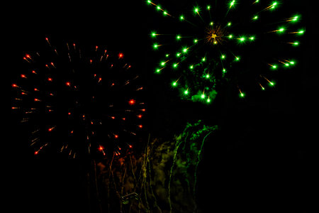 Fireworks lighting up the night sky. Pyrotechnics, abstractの写真素材
