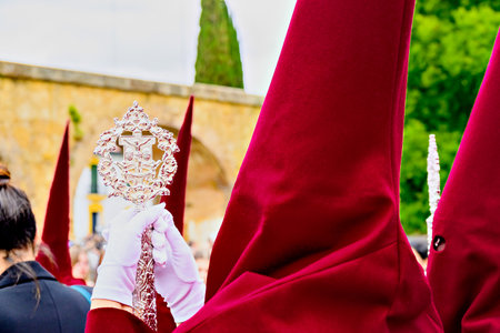 Nazarene bearer during the Holy Week procession in AlcalÃ¡ de Guadaira, Andalusia, Sevilleの写真素材