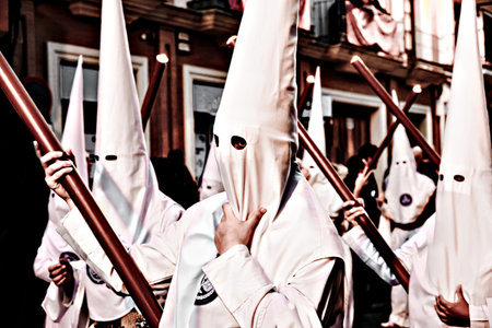 Nazarene-penitent, during the Holy Week procession in AlcalÃ¡ de Guadaira, Andalusia, Seville.