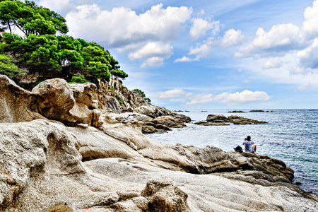 Beautiful seascape of the CamÃ­ de Ronda coastal path on the Costa Brava, from Platja d'Aro to...