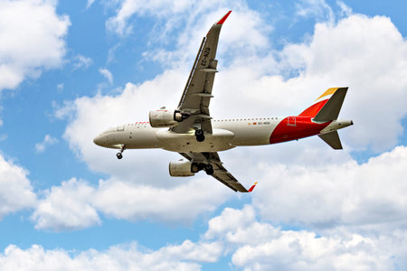 Barcelona, â€‹â€‹Spain; October 29, 2025: An Iberia Airbus A320 landing at Josep...