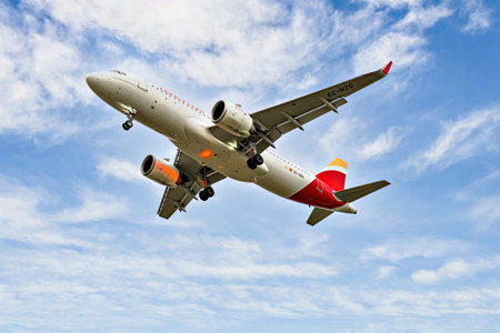 Barcelona, â€‹â€‹Spain; October 29, 2025: An Iberia Airbus A320 landing at Josep...